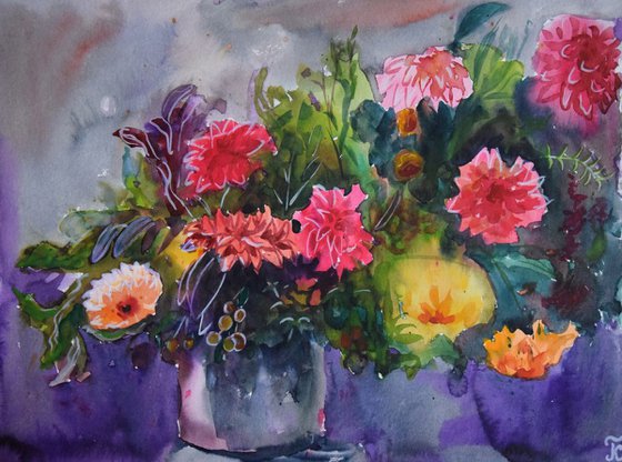 Watercolor painting Autumn flowers bouquet