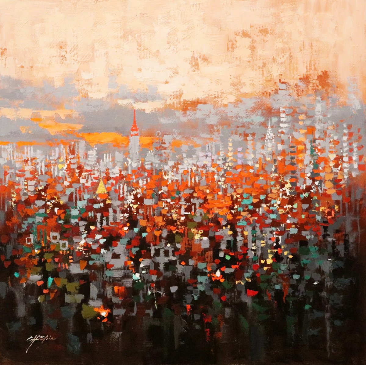 Expressive Cityscapes Oil Painting By Chin H Shin, 36 X 36, New York 18 Autumn Sundown, Original Artwork