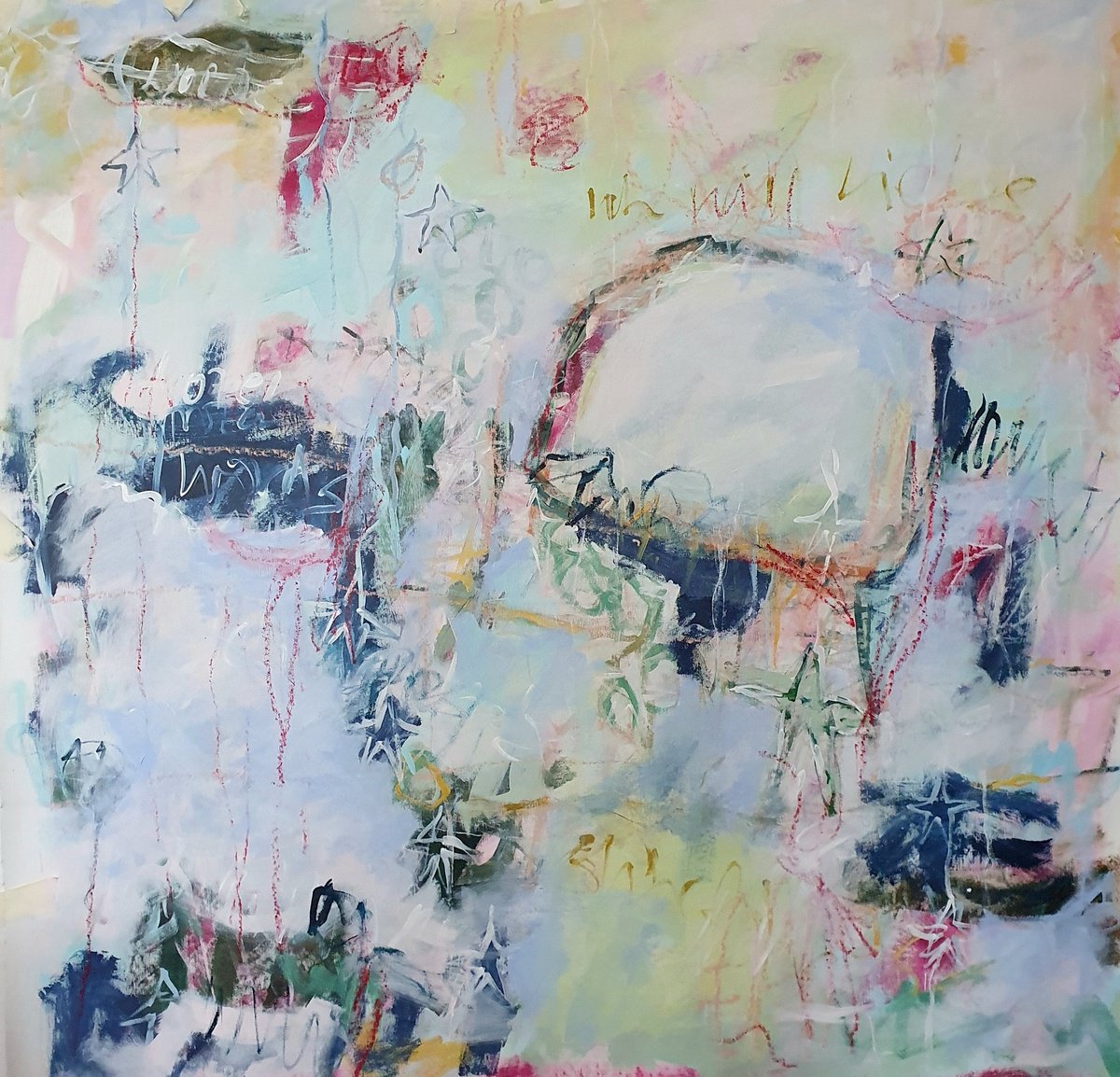 Organic Abstract Acrylic Painting By Jutta Widrinsky, 47 X 47", Frozen Words, Original Artwork