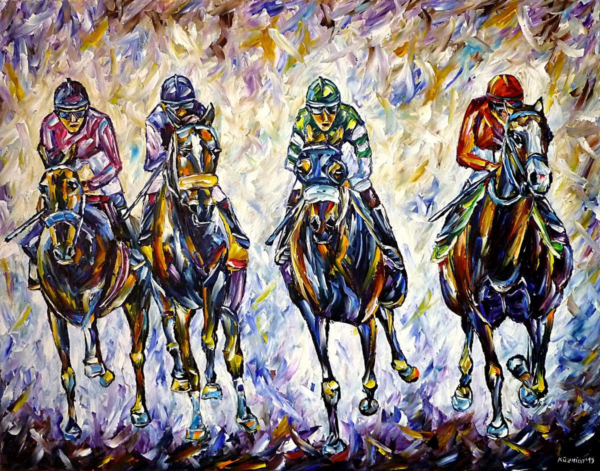 Expressive Animal Oil Painting By Mirek Kuzniar, 35 X 28", Horse Race, Original Artwork