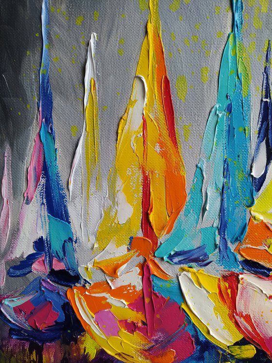 Yacht racing - starry sky, yacht, boats, oil painting, yacht club, sea with yachts, yacht original painting, seascape, yacht original painting, gift