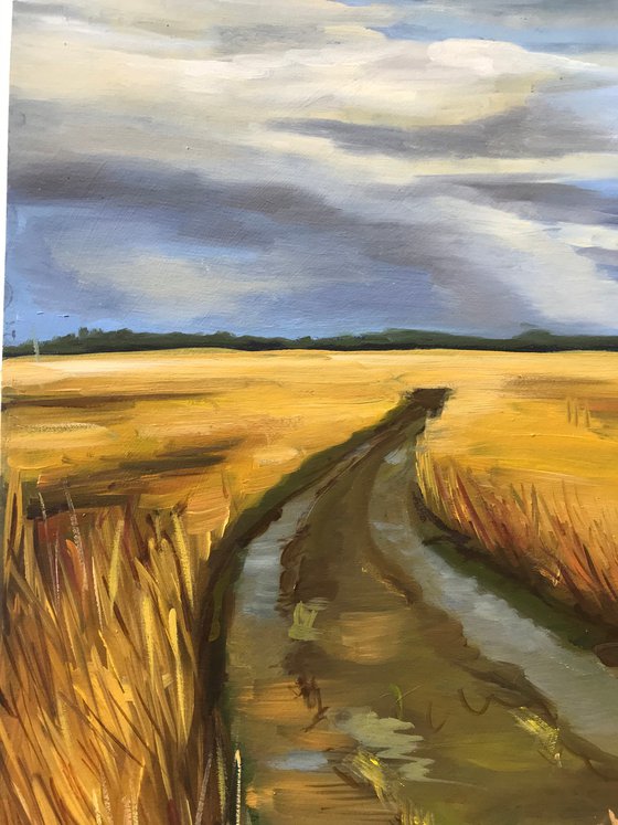 Landscape Original Oil Painting “Way back home in a rainy day” nature, village road 27.5х39cm