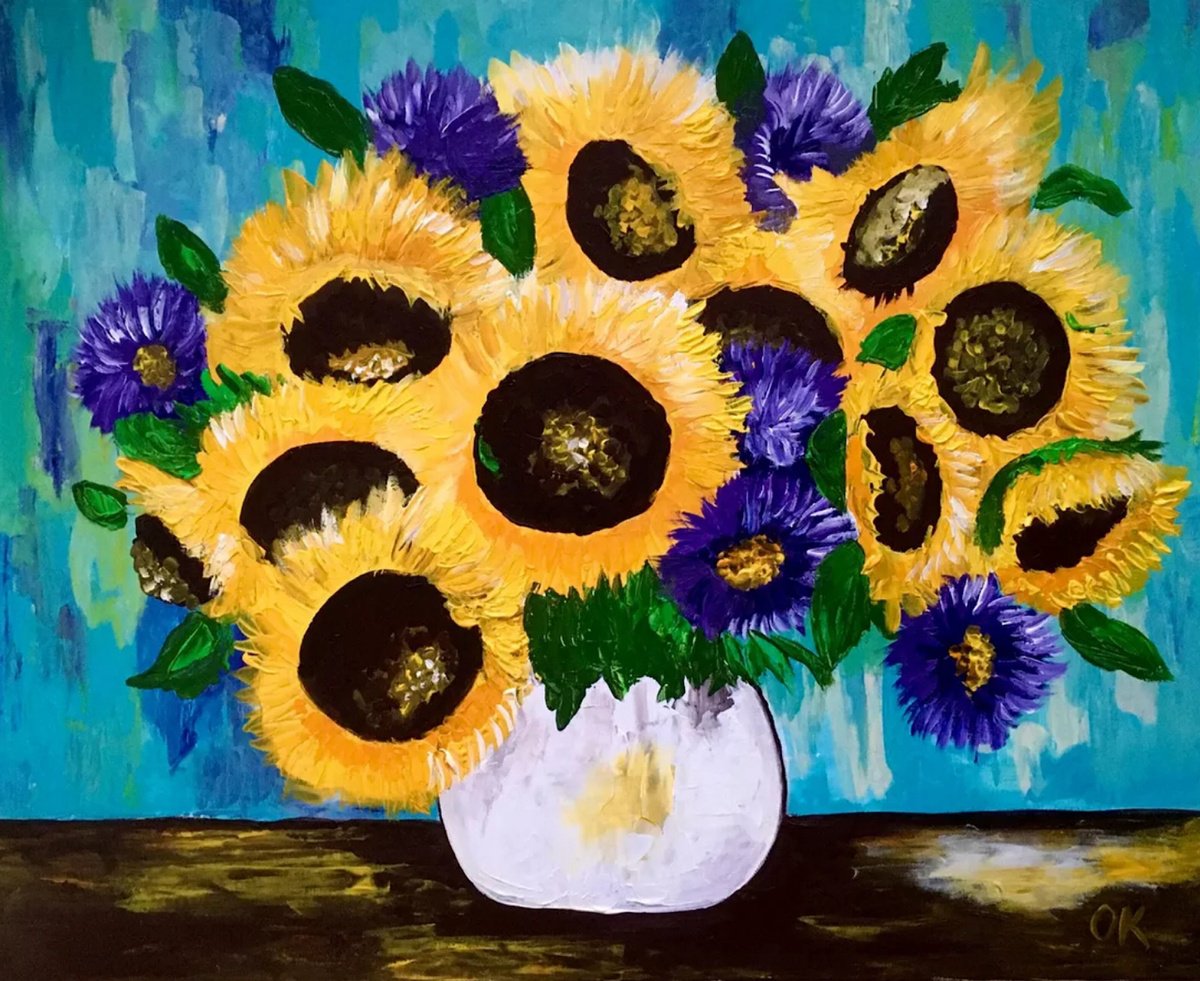 Expressive Botanical Acrylic Painting By Olga Koval, 32 X 26", Sunflowers Still Life, Original Artwork
