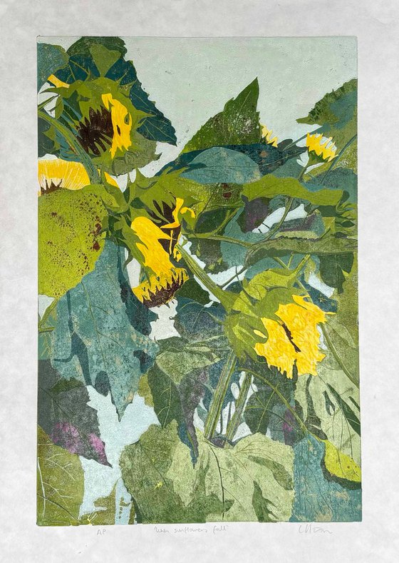 When Sunflowers fall - Linocut Print