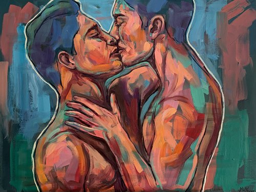 Male nude, men kiss, gay erotic art, queer oil painting by Emmanouil Nanouris