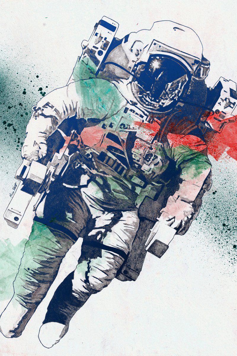 Clavius rgb | spaceman pencil drawing | spray paint astronaut art print by Marco Paludet