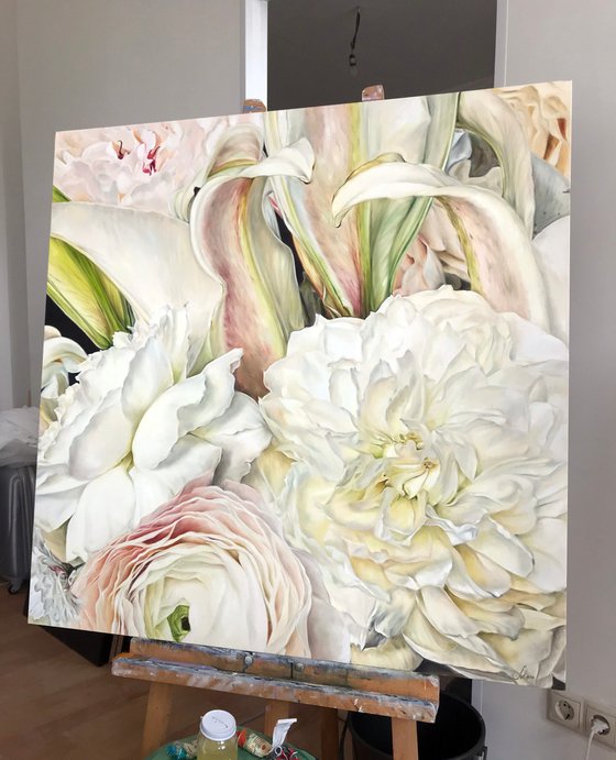 Large square oil painting with white flowers Dream 100x100 cm