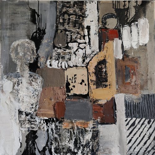 Humans  in a grey atmosphere Acrylic & mixed media artwork 100x100 by Sylvie Dodin