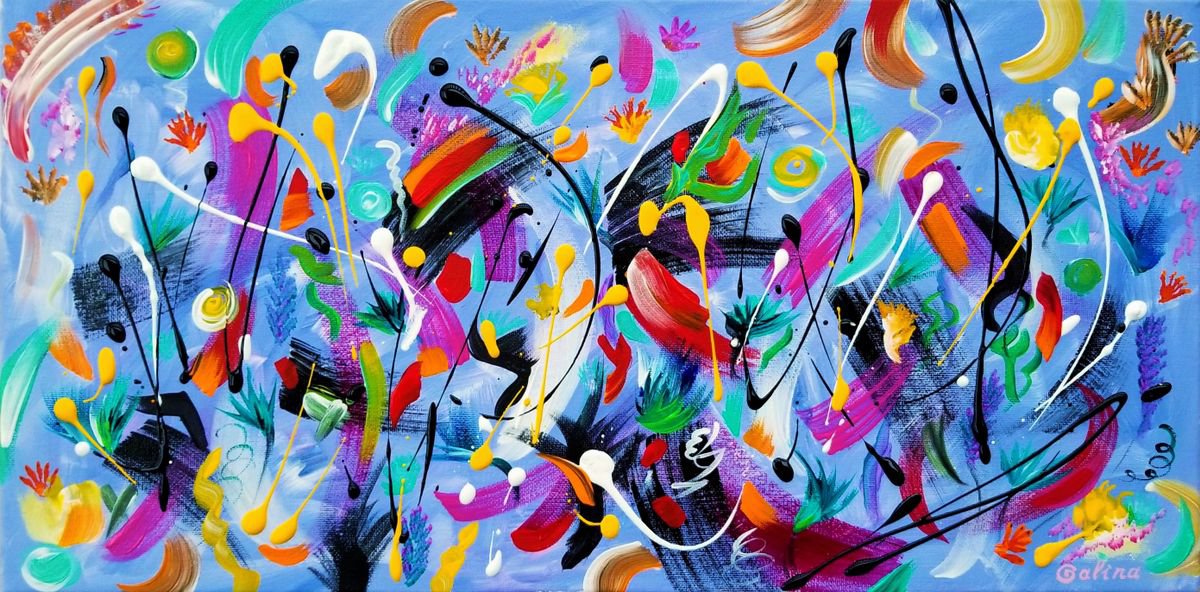 Surrealistic Abstract Acrylic Painting By Galina Victoria, 20 X 10, Fiesta Of Colors, Original Artwork