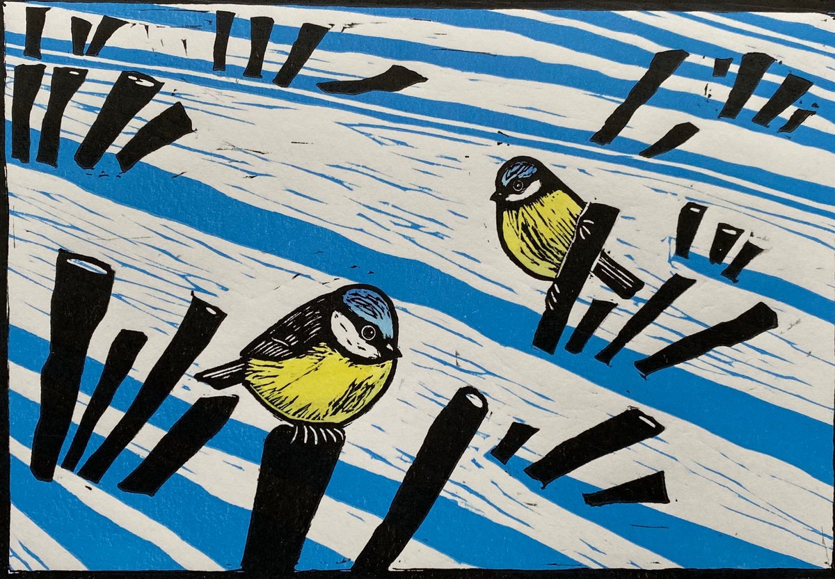 Limited edition handmade linocut. Blue Tits in Winter. by Jane Dignum