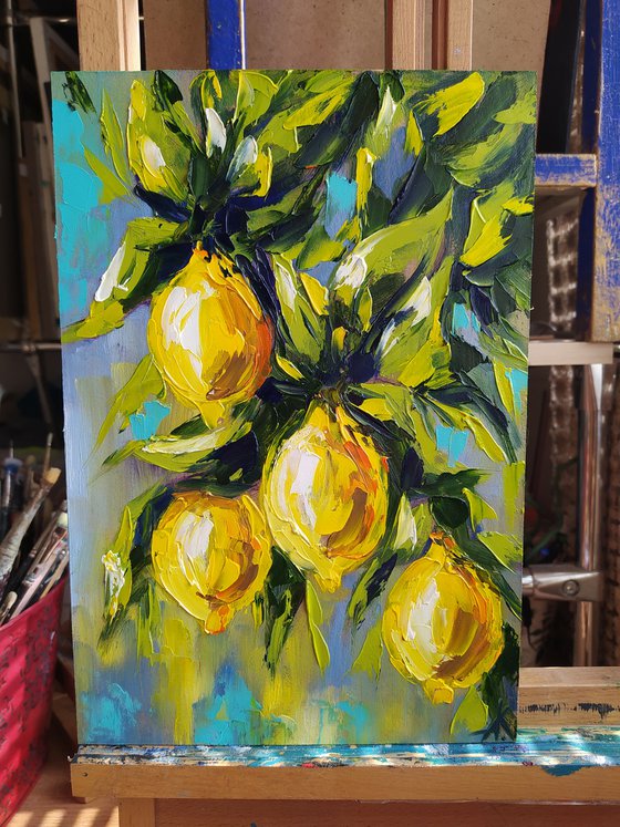 In lemon tones - lemon, oil painting, lemons oil painting, lemons on the tree, nature