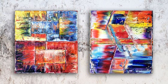 "Angles and Alleyways" - Original Large PMS Abstract Diptych Oil Paintings On Canvas - 48" x 24"