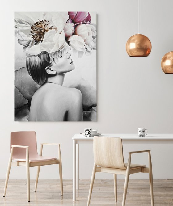 "Spring Impressions" Woman's face peony art