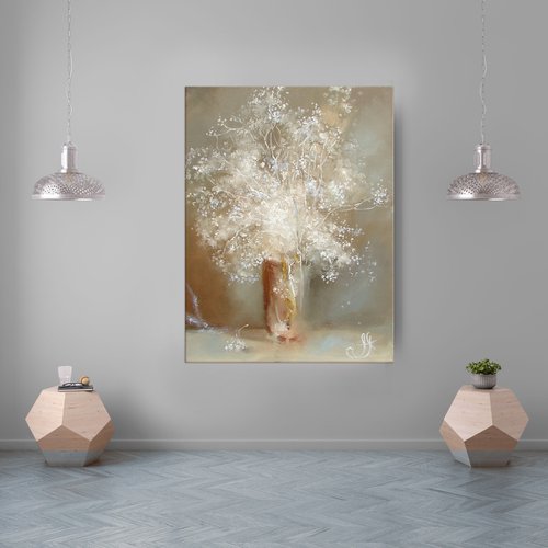 White bouquet oil painting, Neutral wall art - White floral painting by Annet Loginova