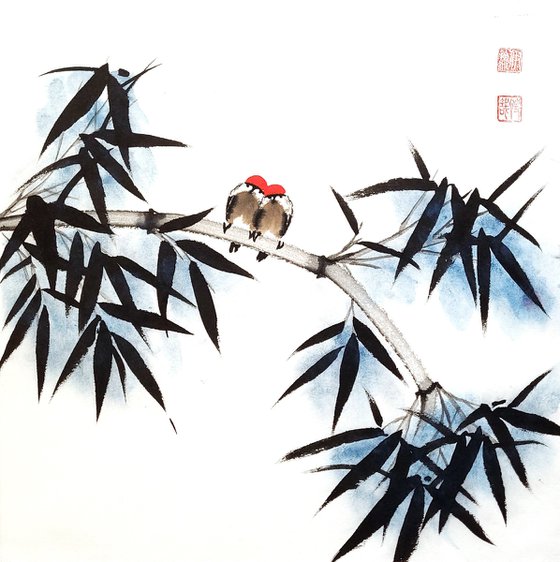 Two birds on a bamboo branch with indigo background - Oriental Chinese Ink painting