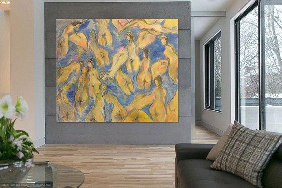 BIG BATHERS - Large abstract nude art original painting, erotic, love, lovers, beautiful, blue pastel colours, gift for him, bedroom art, 170x200cm