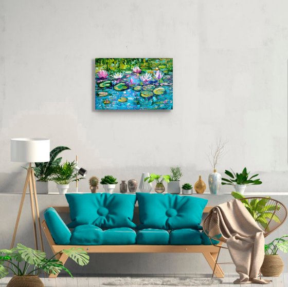 Nympheas, Water Lily Painting Original Art Monet Pond Landscape Artwork Floral Wall Art, 60x40 cm, ready to hang.