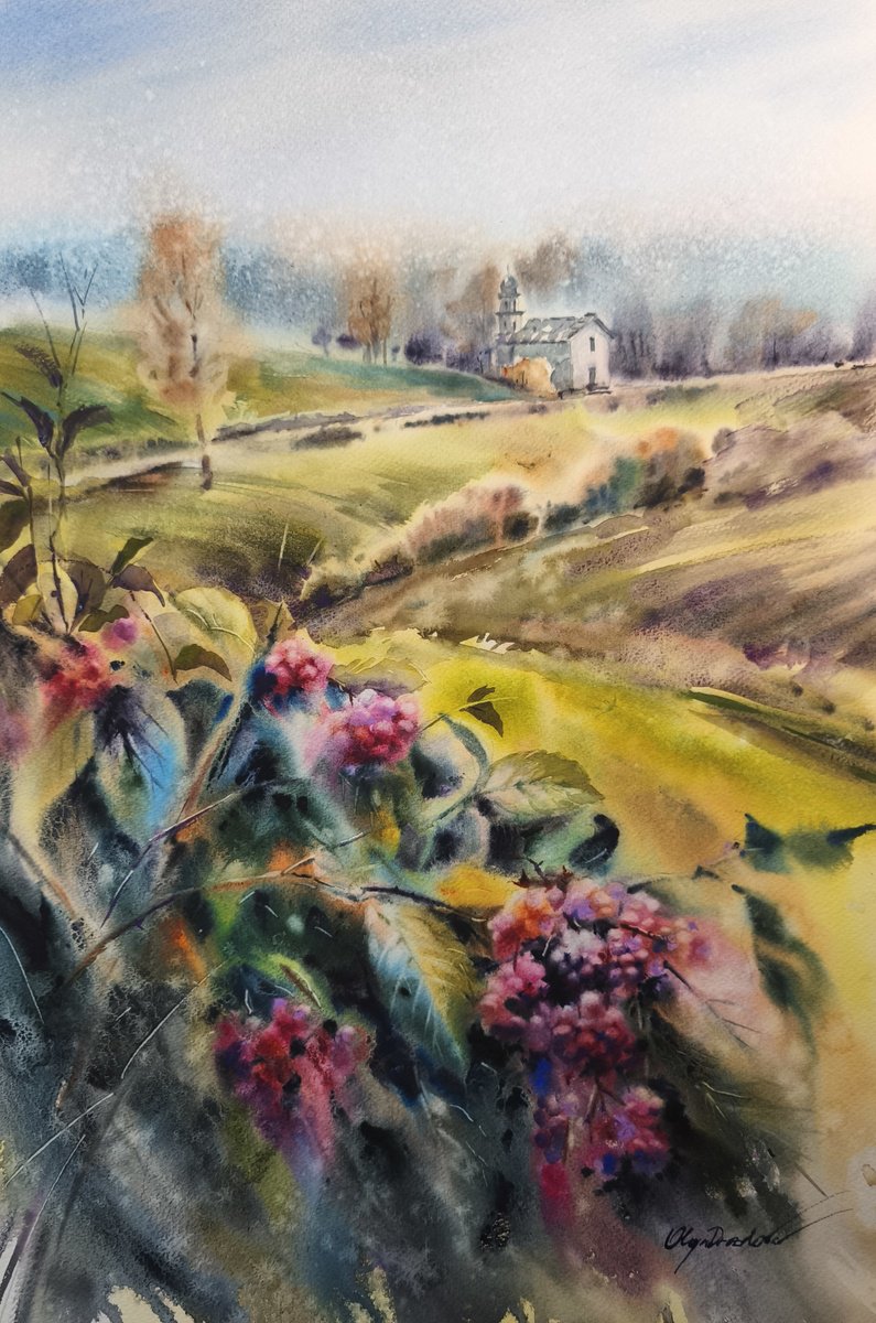 Impressionistic Landscape Watercolour By Olga Drozdova, 15 X 22", Autumn Landscape With Berries, Original Artwork