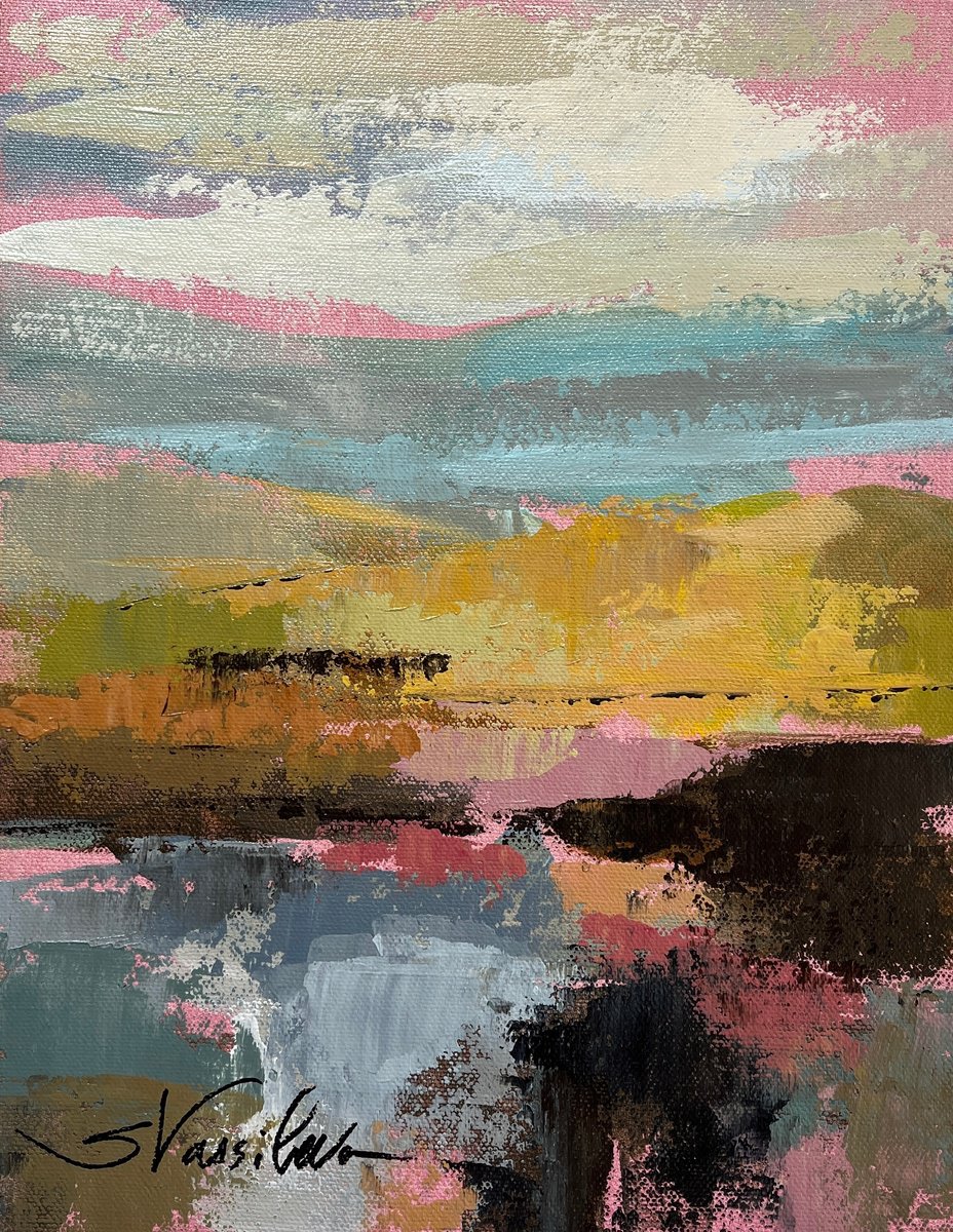 Abstract Landscape Acrylic Painting By Silvia Vassileva, 9 X 12", Sunny Sky I, Original Artwork