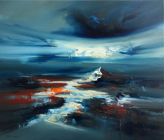 The Journey  - 60 x 70 cm, abstract landscape oil painting in blue and red