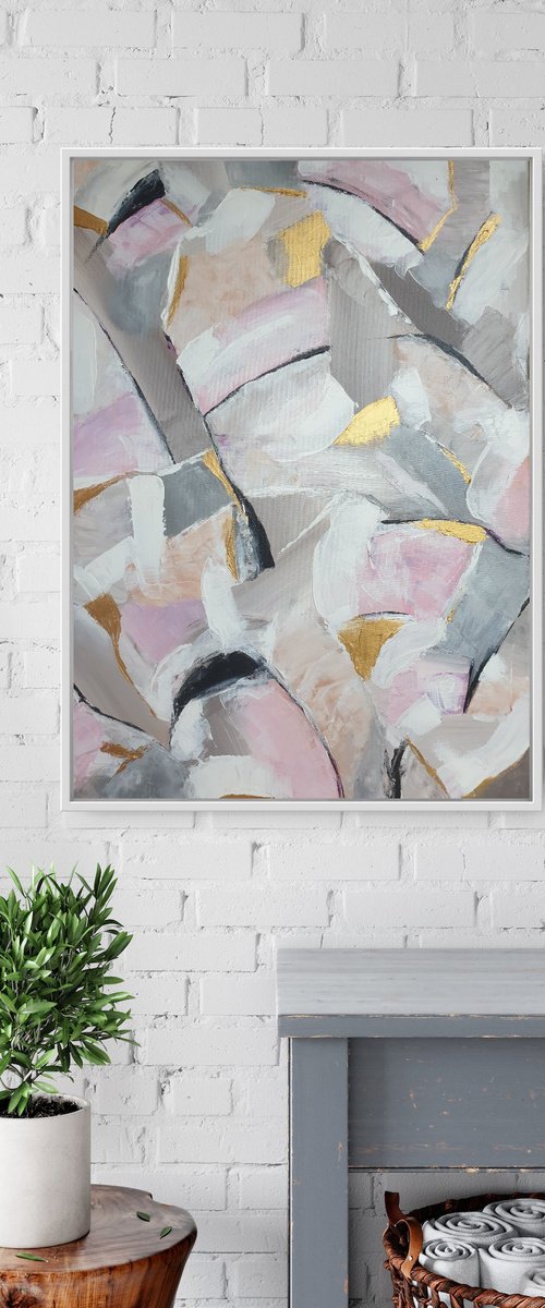 Large Geometric Painting in Nudes and Gold Light Painting Abstract Artwork for Contemporary Design by JuliaP Art