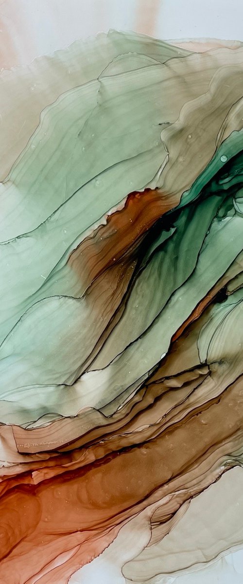 ABSTRACTION  GREEN BROWN - alcohol ink , synthetic paper by Svetlana Martin