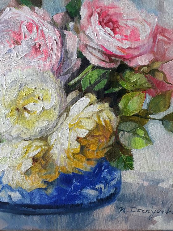 Roses love, floral oil painting on canvas, yellow pink roses in a blue vase