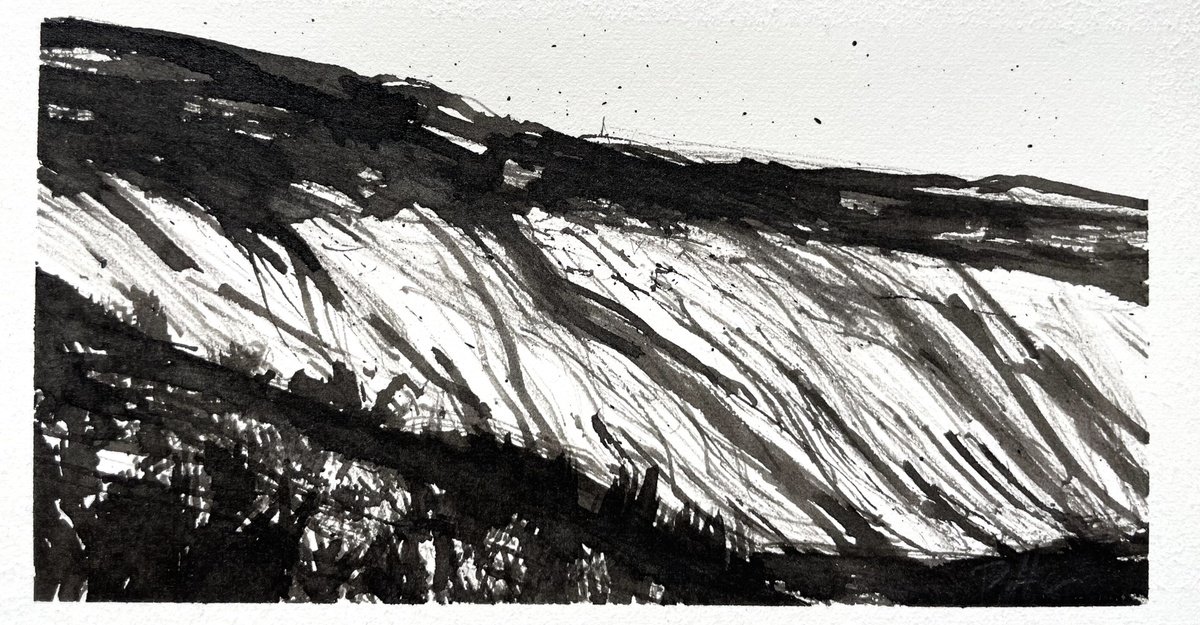 Expressive Landscape Ink Drawing By Steve Potts, 6 X 3", Scotland Glacial Cut, Original Artwork