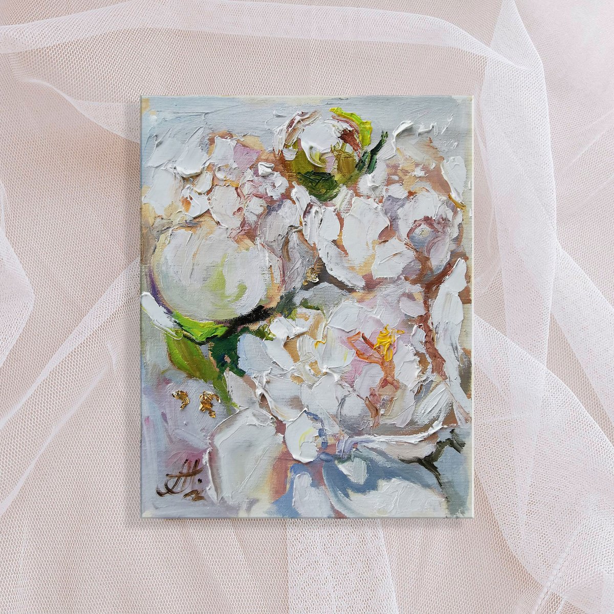 Miniature Oil Painting of Exquisite White Peonies with Textured Brushstrokes by Annet Loginova