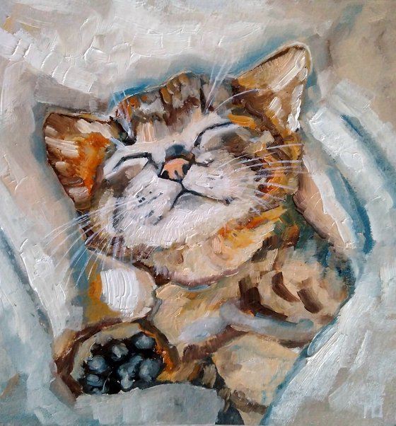 Sleeping Kitten Artwork Cat Oil Painting Funny Pet Wall Art