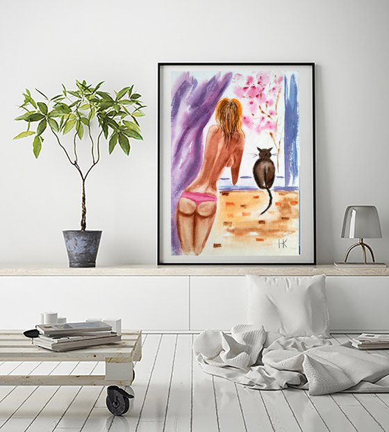 Quarantine Painting Original Watercolor Artwork Woman and Cat Isolation Small Wall Decor