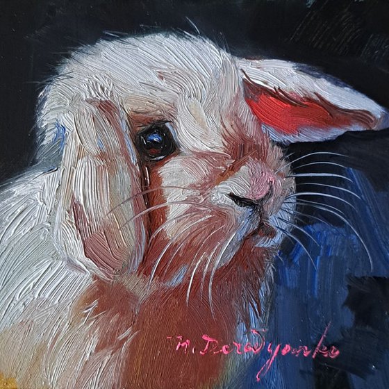 Bunny painting original art 4x4, White rabbit Animal oil painting in frame