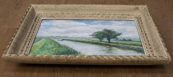 A morning walk by the canal. Impressionist oil painting, with antique frame.