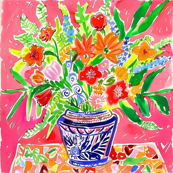 Vivid flowers in purple vase