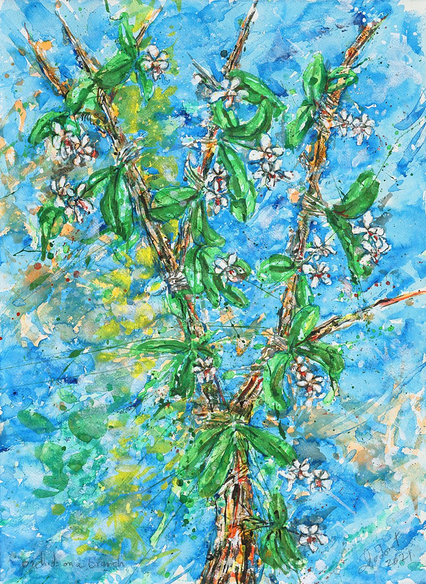 Expressive Botanical Acrylic Painting By Gordon T., 22 X 30, Orchids On A Branch, Original Artwork