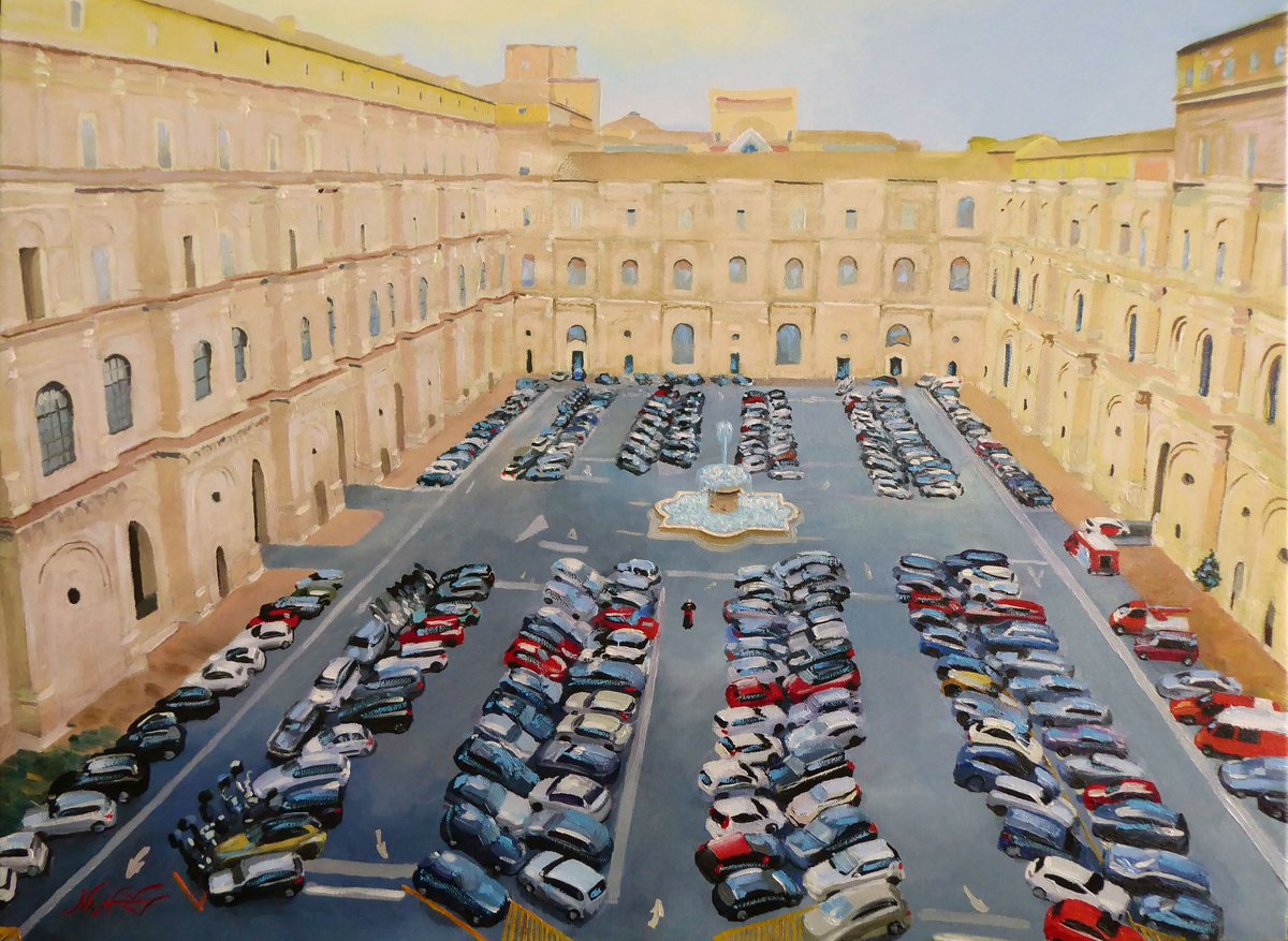 Impressionistic Cityscapes Oil Painting By Narek Hambardzumyan, 29 X 21", Vatican Courtyard, Original Artwork