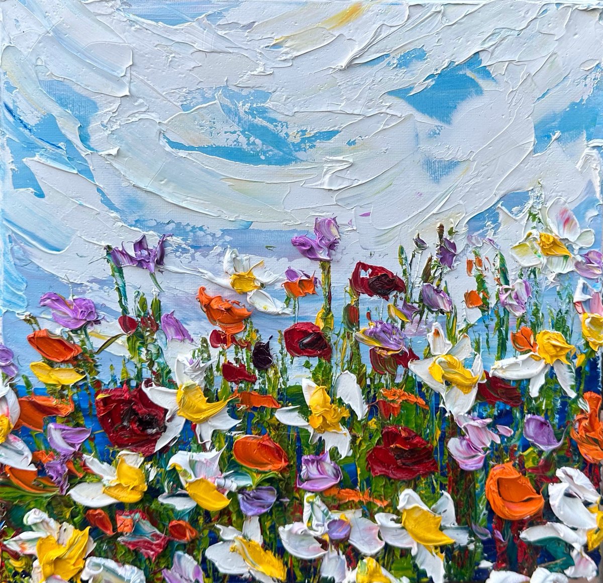 Impressionistic Botanical Oil Painting By Oksana Fedorova, 11 X 11", Impasto Daisies, Original Artwork