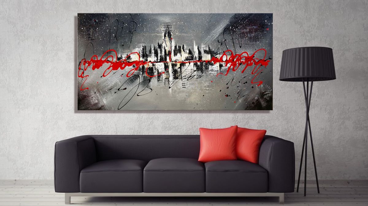 Abstract Acrylic Painting By Julijana Ravbar, 47 X 24", While The City Sleeps, Original Artwork