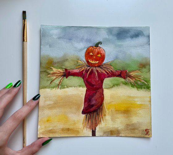 Halloween Watercolor Painting Original, Scarecrow Artwork, Spooky Season Wall Art