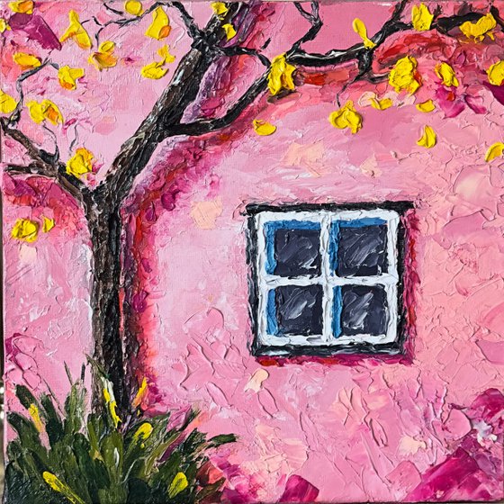 Pink Wall and Blossoming Tree