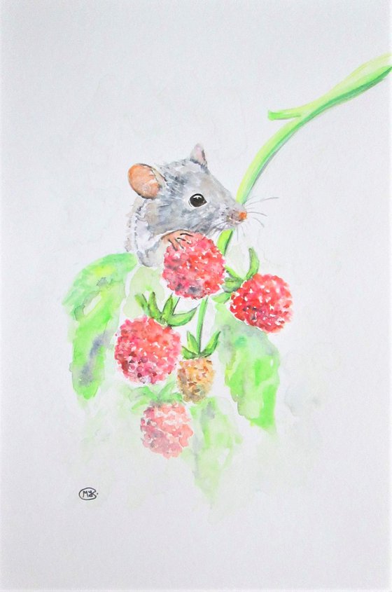 Little cute field mouse on a raspberry cane