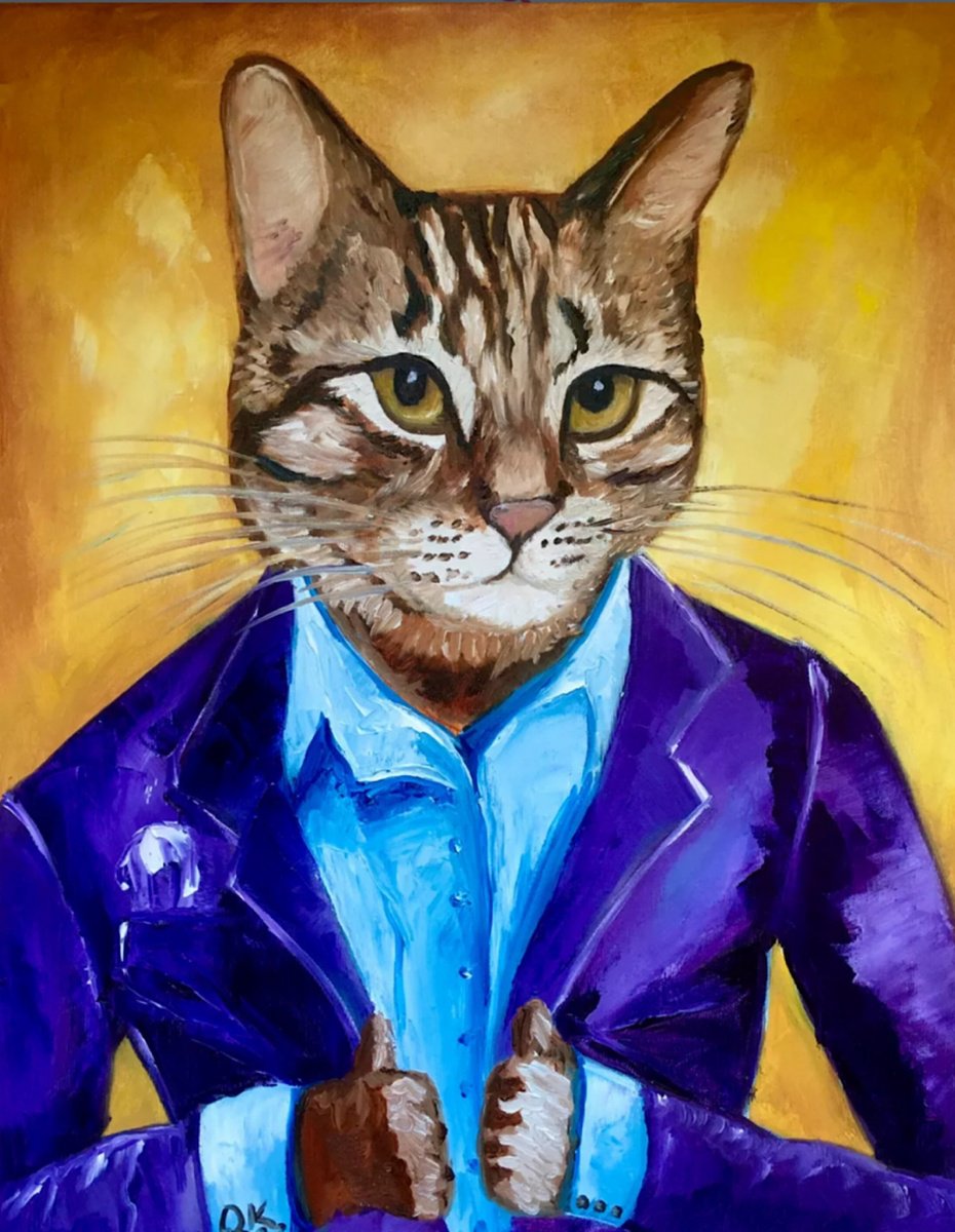 Expressive Animal Oil Painting By Olga Koval, 16 X 20", Troy The Cat Smart, Original Artwork