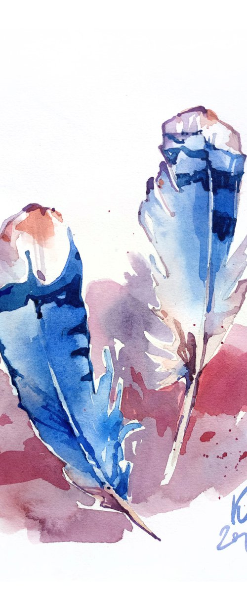 Watercolor sketch "Two blue bird feathers" original illustration by Ksenia Selianko