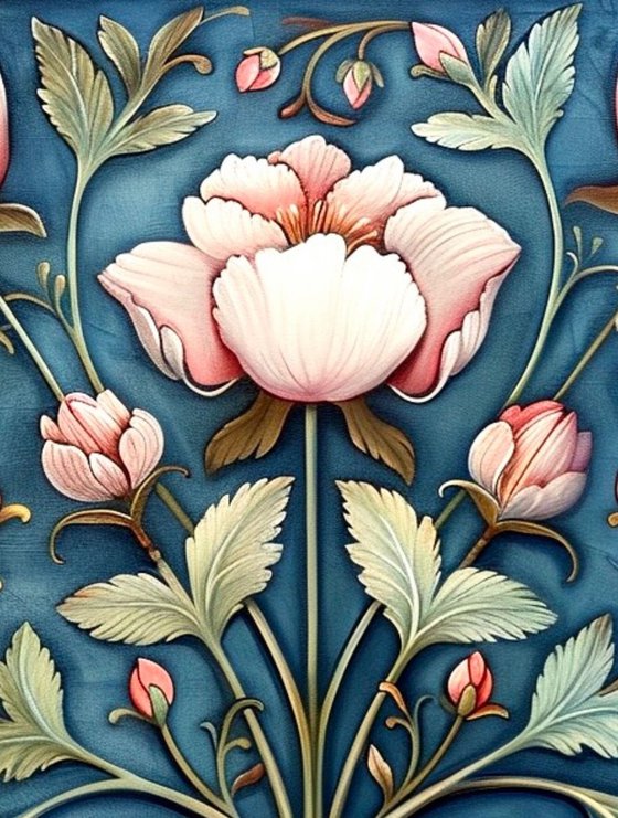 VINTAGE PINK FLOWERS ON BLUE