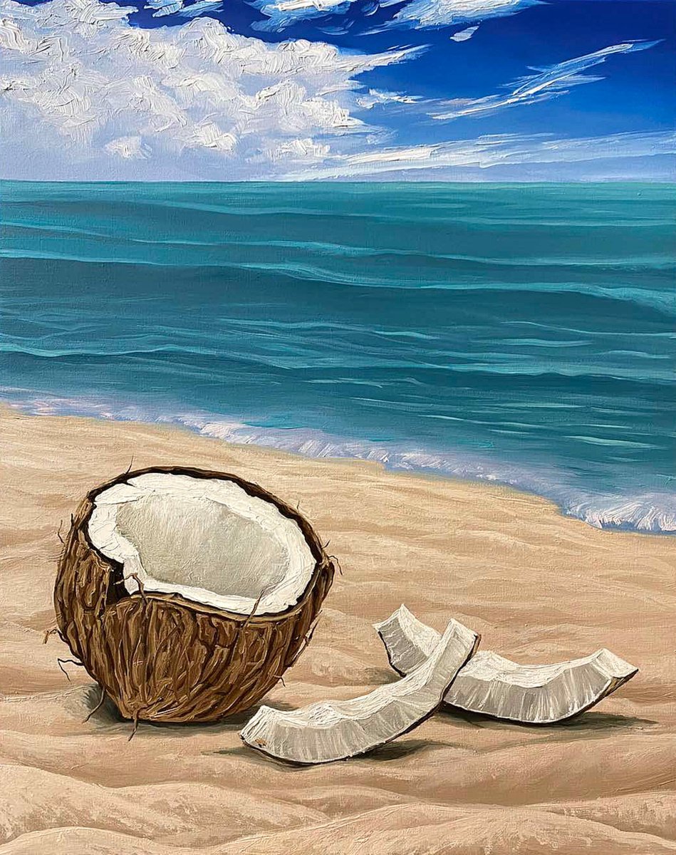 Photorealistic Still Life Oil Painting By Elena Adele Dmitrenko, 16 X 20, Coconut On The Beach 2, Original Artwork