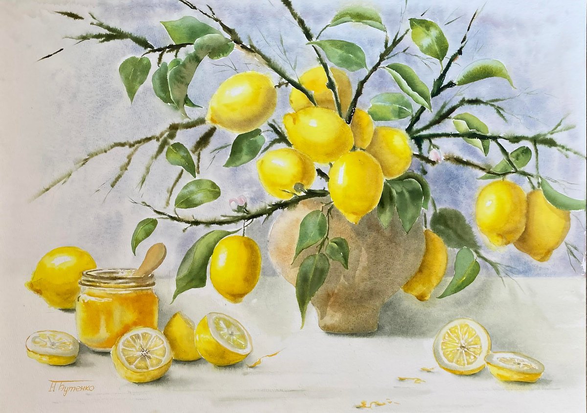 Illustrative Still Life Watercolour By Natalia Butenko, 21 X 16", Lemon Curd, Original Artwork