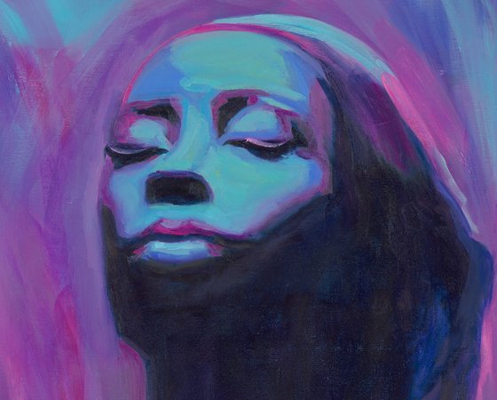 Celebrity portrait: African American woman figure in purple and lavander