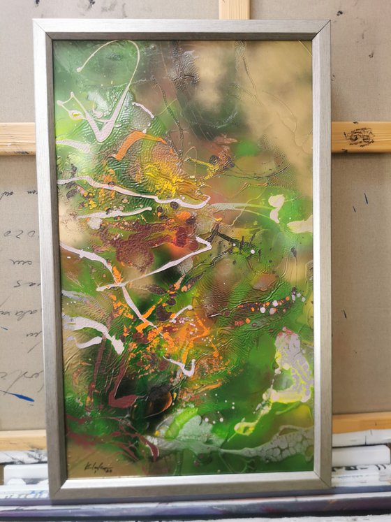Wind and flowers in a Tibet garden 1 beautiful mixed media on wood action painting by KLOSKA