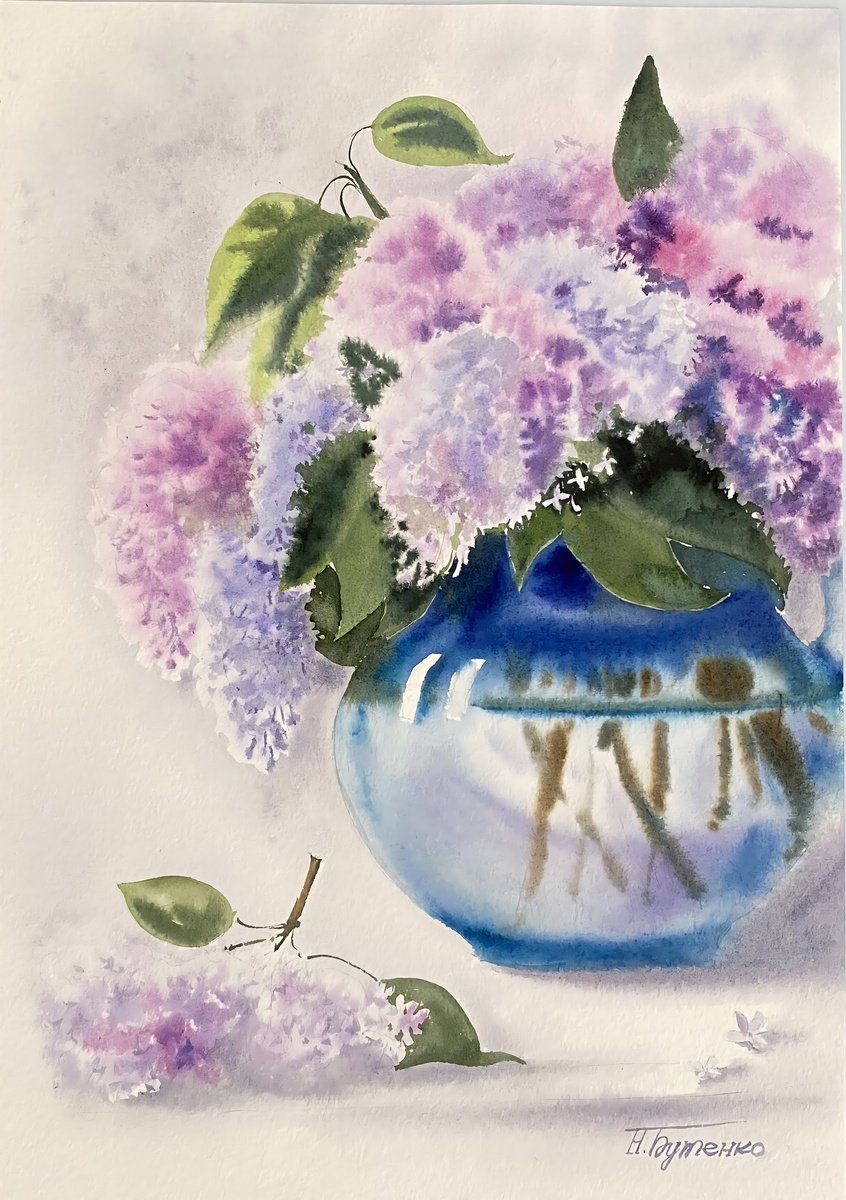 Illustrative Still Life Watercolour By Natalia Butenko, 11 X 15", Lilac Spring, Original Artwork