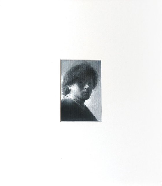 Hommage  to Rembrandt. Self-portrait. Mixed media miniature drawing with wide white mat (passepartout)